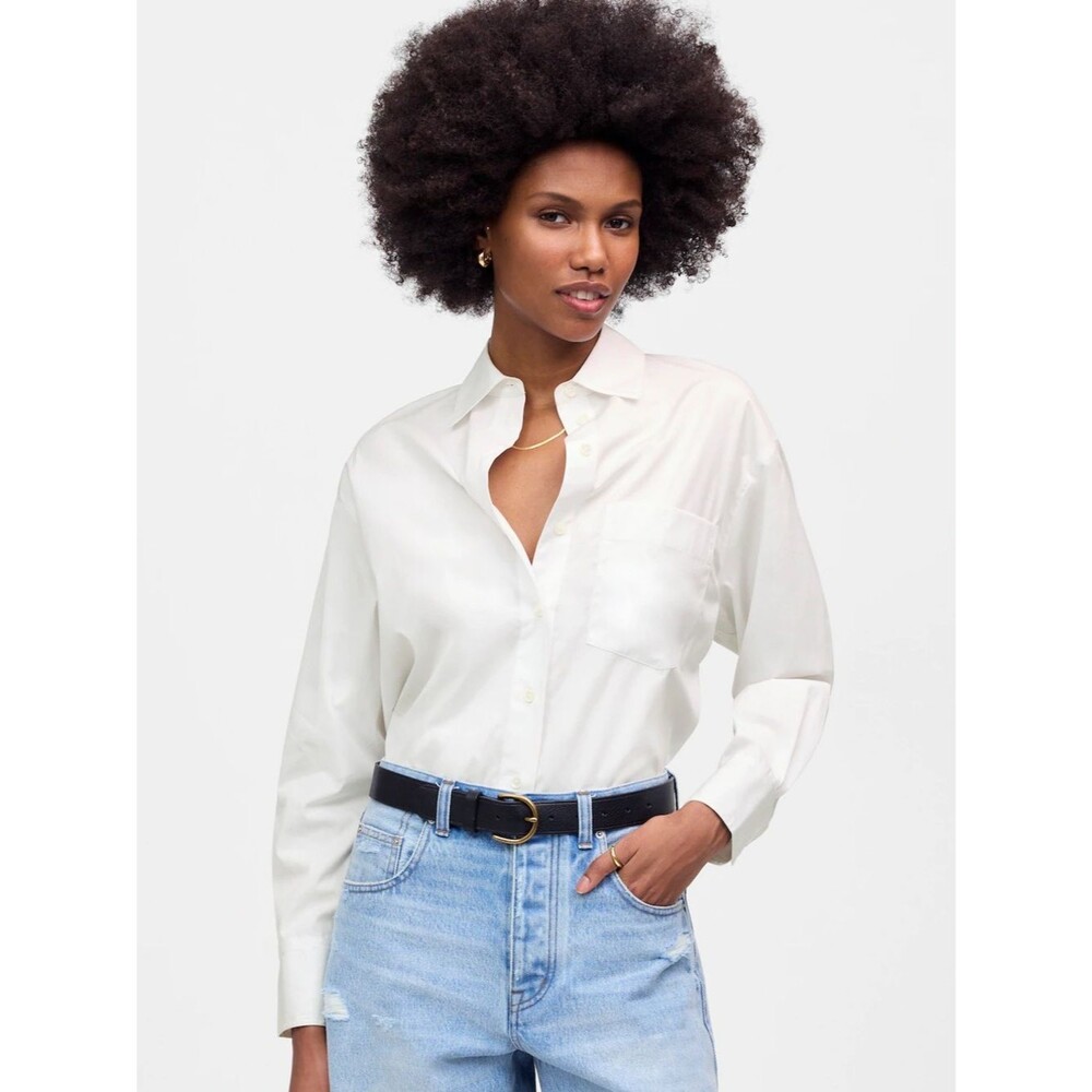 Madewell NWT Oversized Button-Up Shirt Size Large in Eyelet White Poplin Cotton